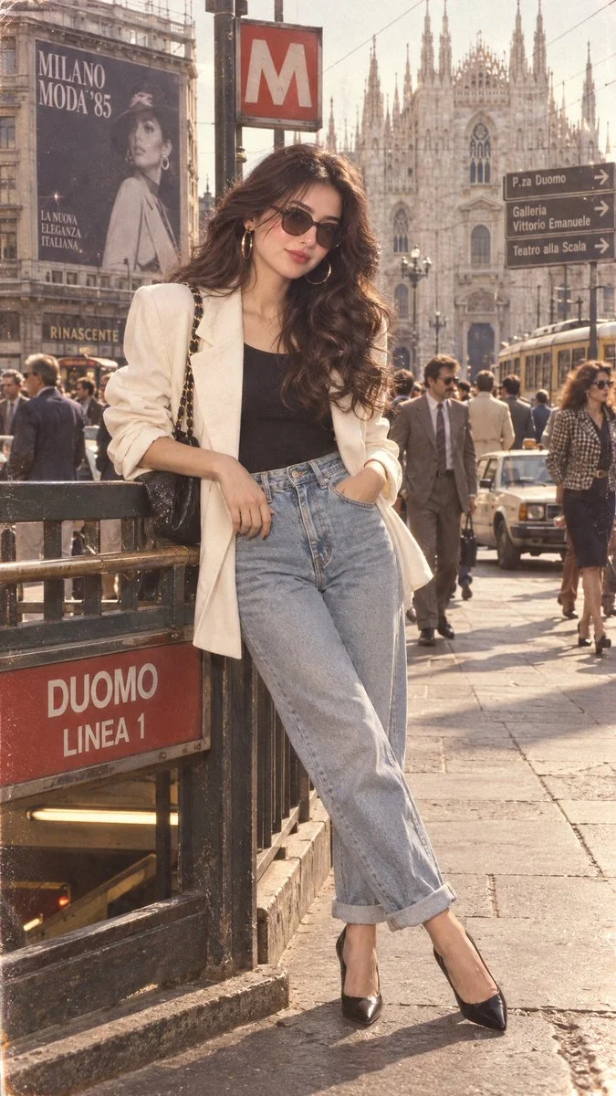 Confident Woman Leans Against Metro Entrance in Retro Milan