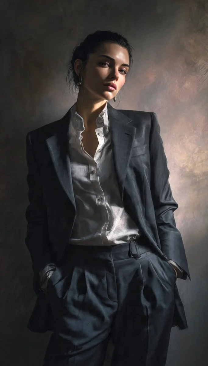Confident woman with blue eyes in suit, dramatic studio lighting