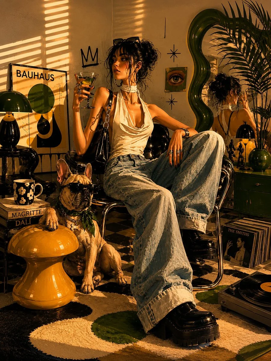 Confident woman with sunglasses poses beside fashionable bulldog in retro lounge