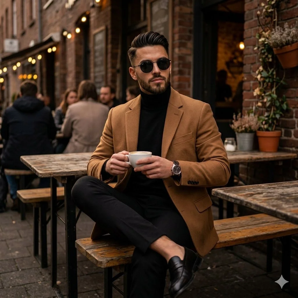 Confident Young Man at Urban Café in Stylish Camel Blazer