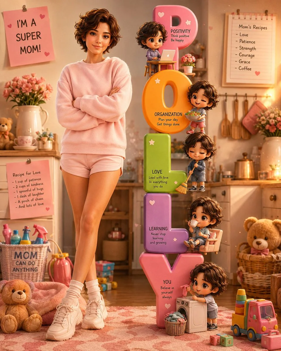 Confident young woman in pastel sweatshirt poses with vibrant Polly word art