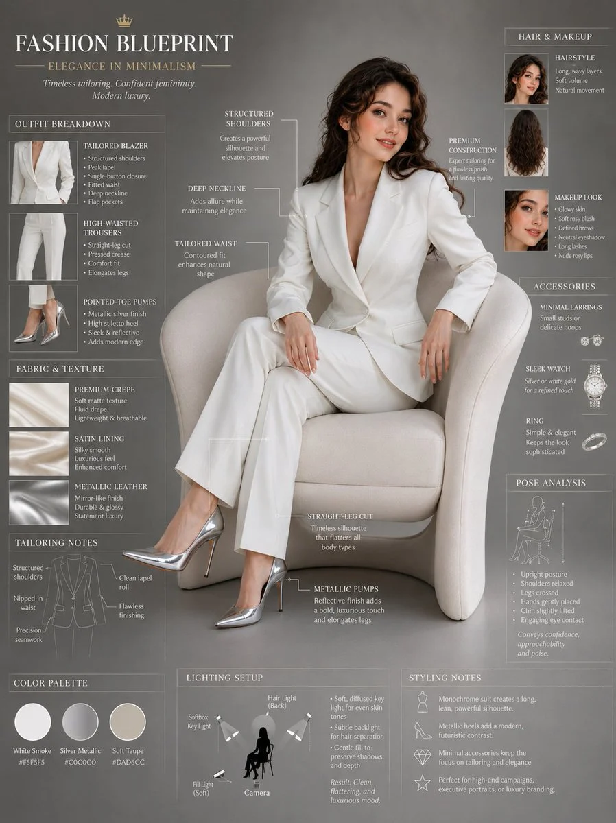 Confident young woman in white blazer poses on cream lounge chair