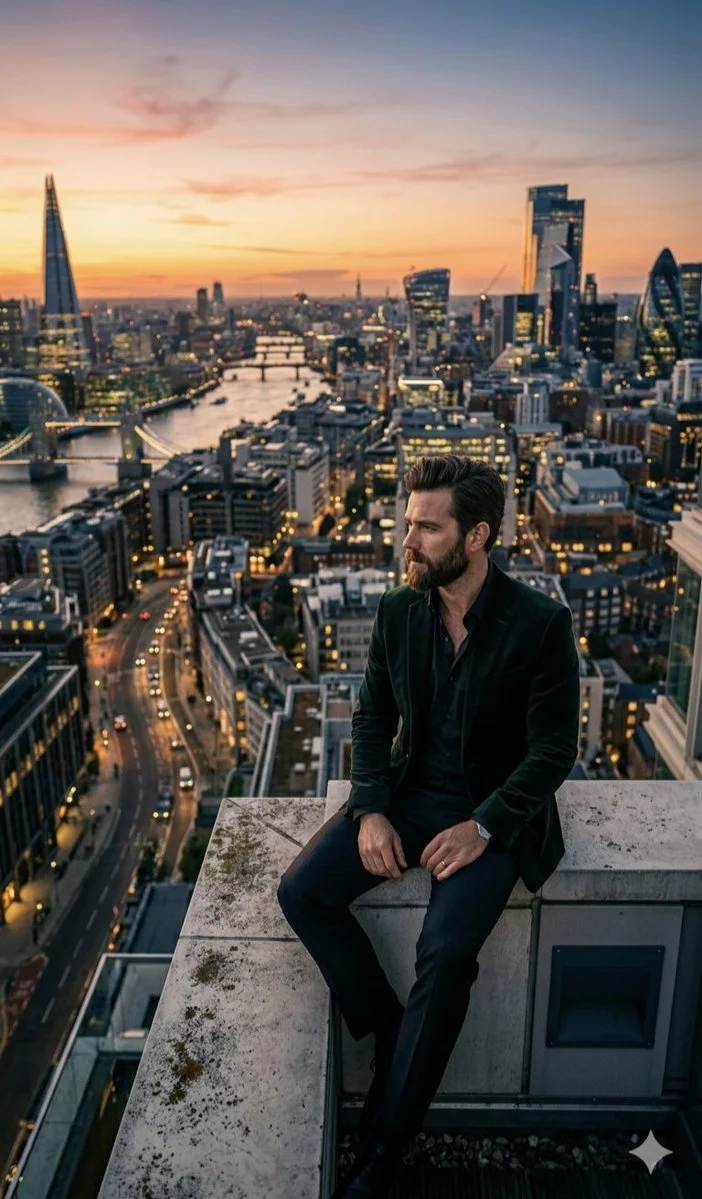 Contemplation at Dusk: A Man Poised Above London's Skyline