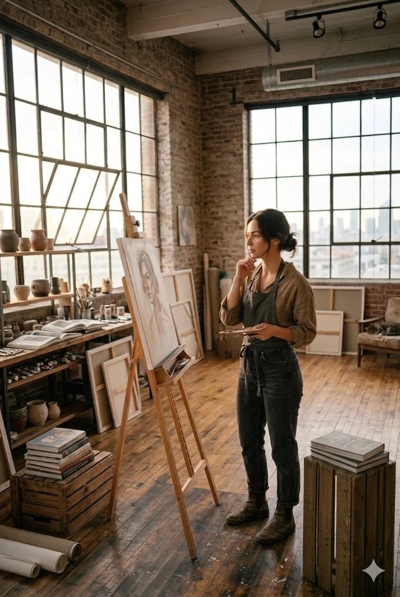 Contemplative Artist in Sunlit Industrial Loft Studio