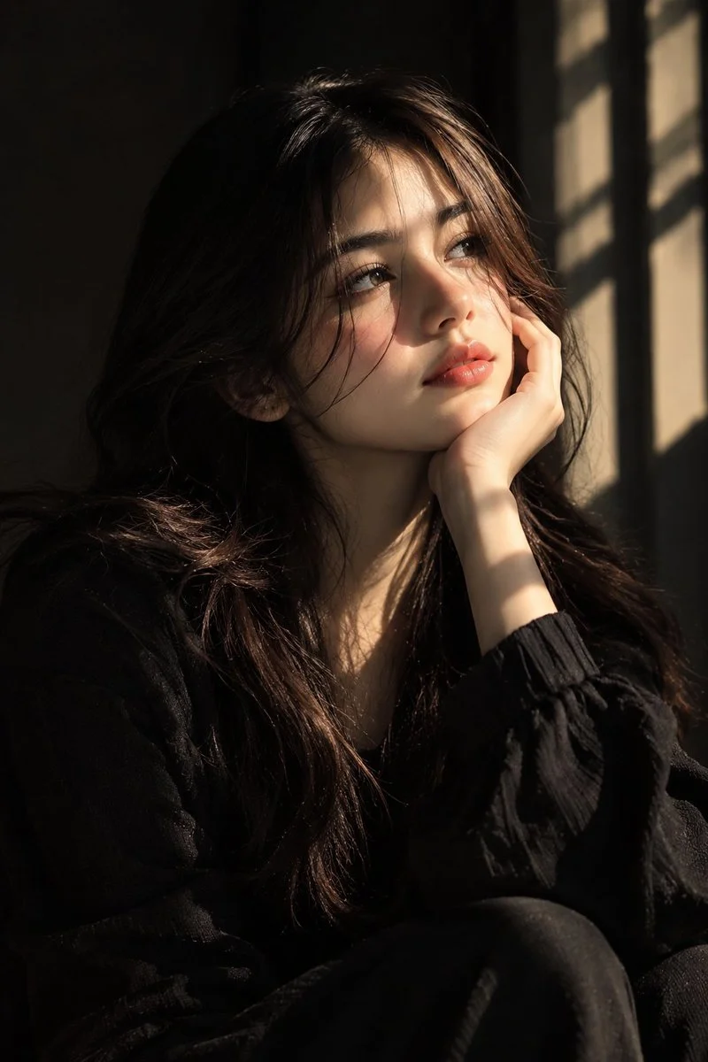 Contemplative Beauty Basking in Warm Window Light and Shadow