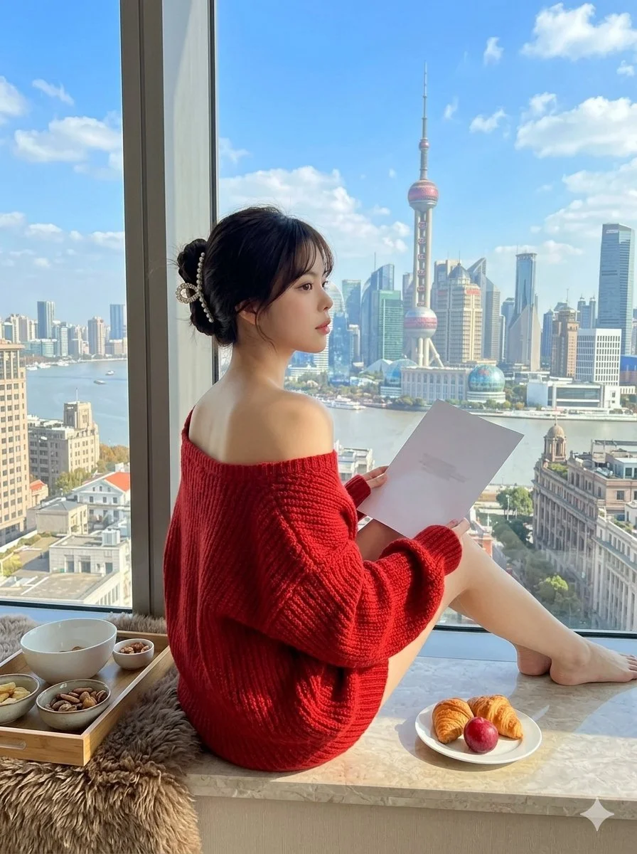 Contemplative Moment by the Shanghai Skyline