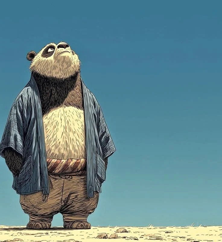 Contemplative Panda in Blue Kimono on Desert Horizon