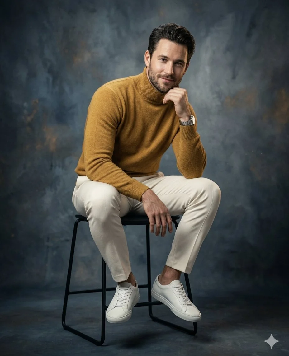 Contemplative Portrait in Mustard and White
