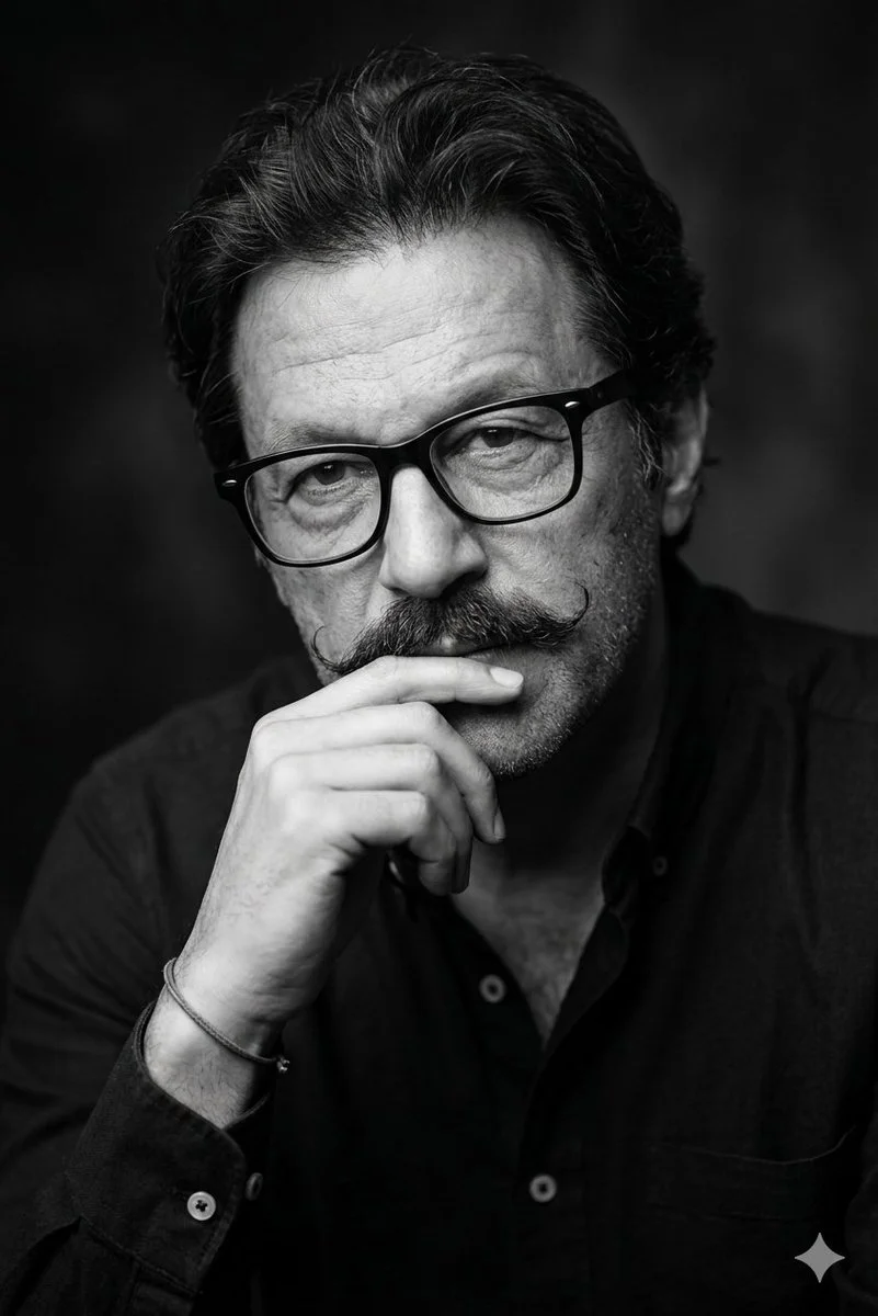 Contemplative Portrait of a Man with Handlebar Mustache in Black and White