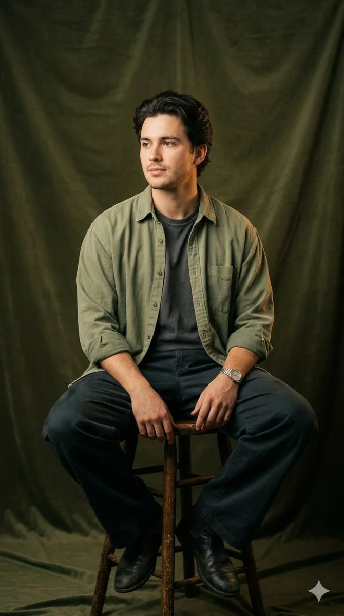 Contemplative Portrait of a Young Man on a Wooden Stool