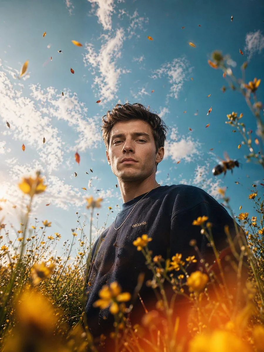 Contemplative Presence Amidst Vibrant Meadow Life