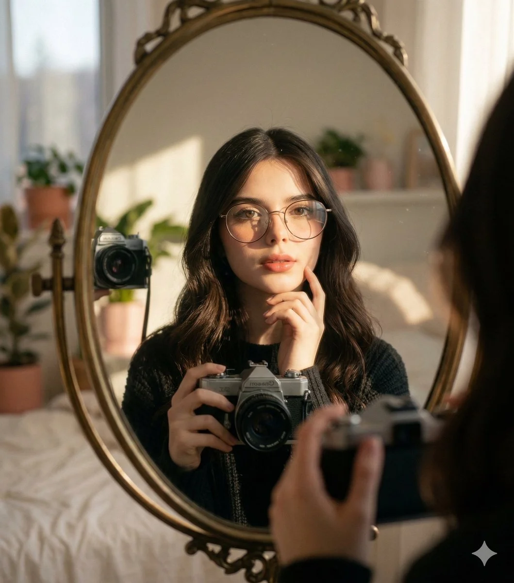 Contemplative Self-Portrait with Vintage Camera in Sunlit Mirror