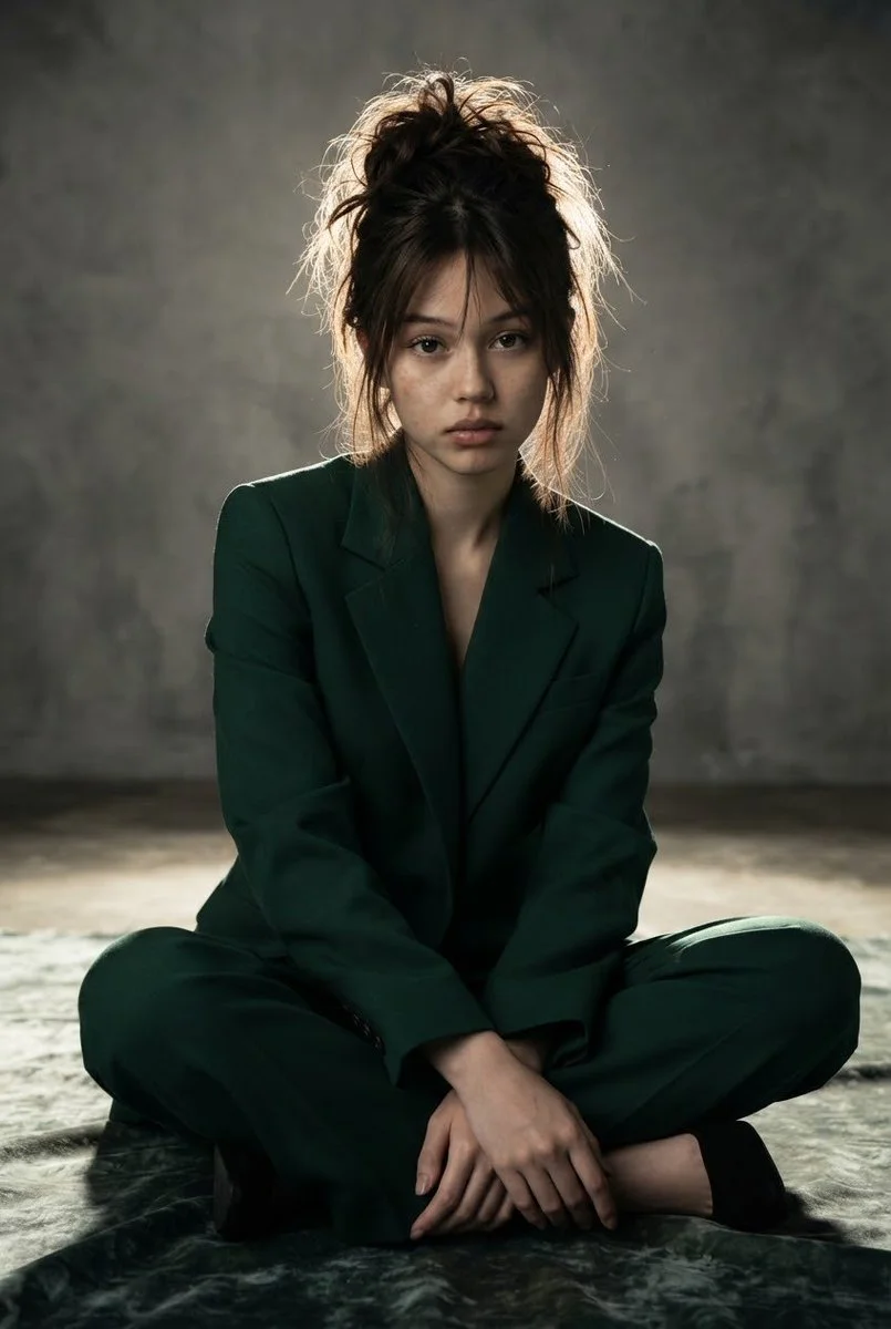 Contemplative subject in green suit captured under dramatic overhead light