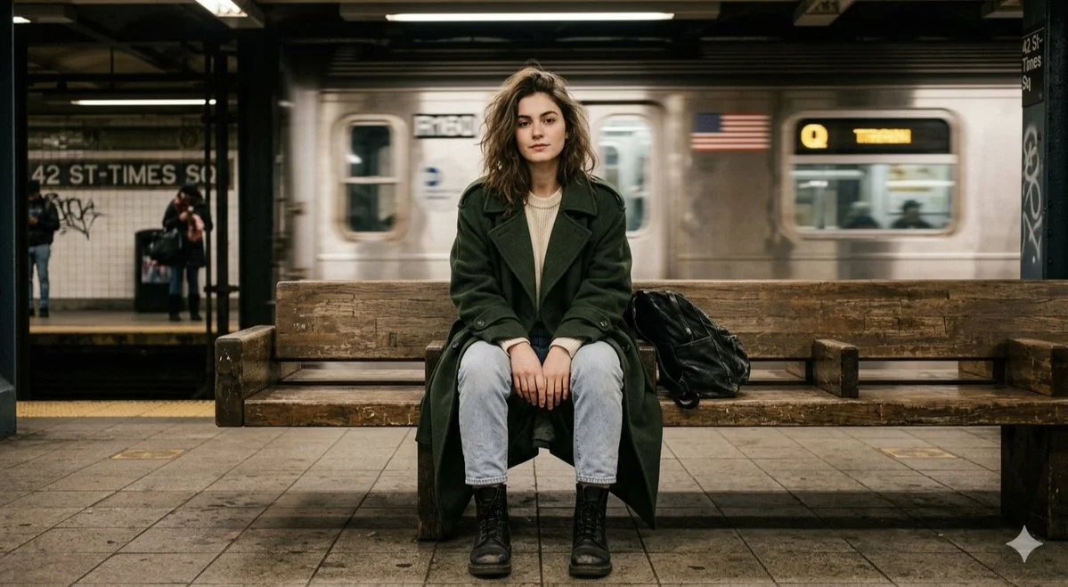 Contemplative Woman at 42nd St with Cinematic Subway Shadows