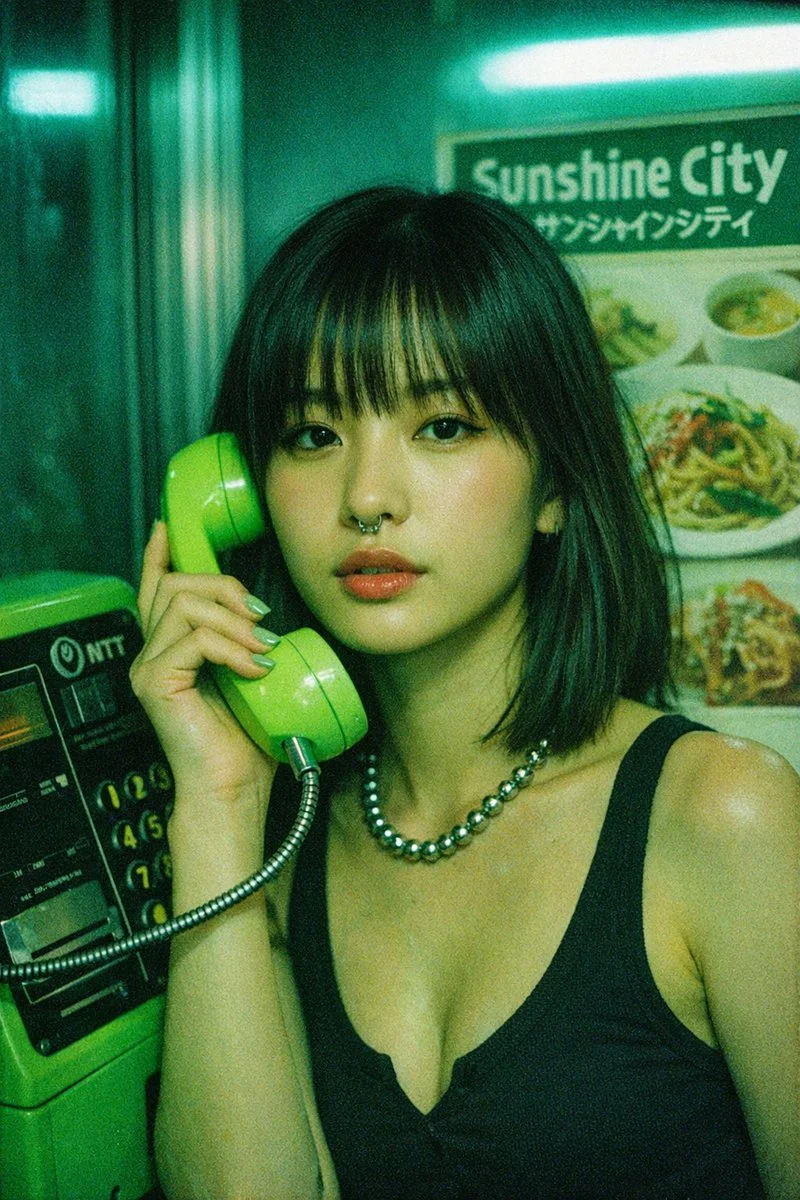 Contemplative woman connects with past in neon green phone booth