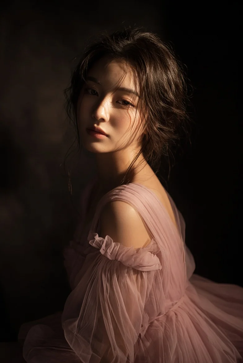 Contemplative Woman in Tulle Gown Bathed in Warm Light