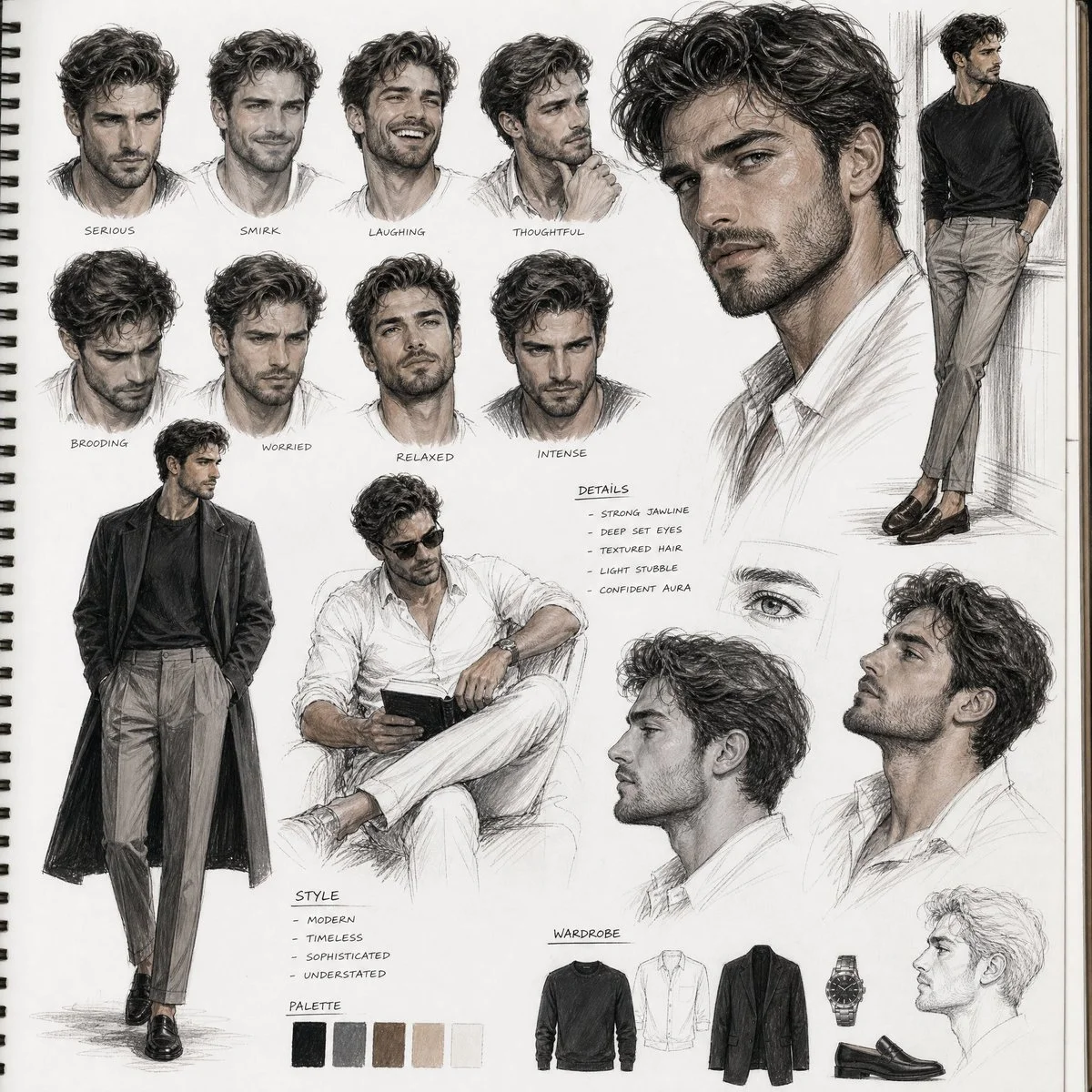 Contemporary man's emotional portraits arranged on a bright white page.