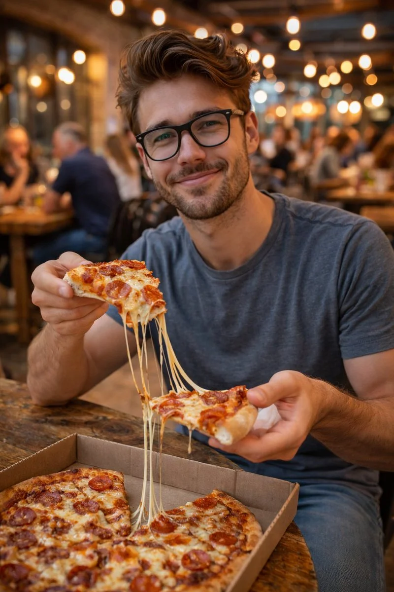 Contentment in Every Bite: A Genuine Smile Over Pizza Delight