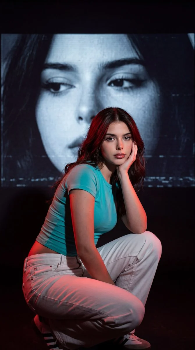 Contrasting Realities: Portrait with Turquoise and VHS Projection