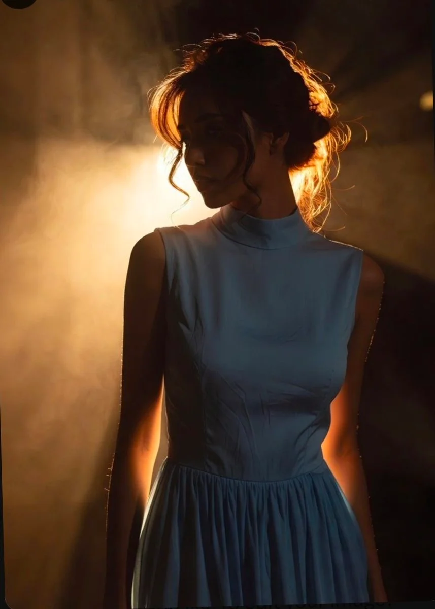 Cool blue dress contrasts against intense golden rim lighting in dark studio