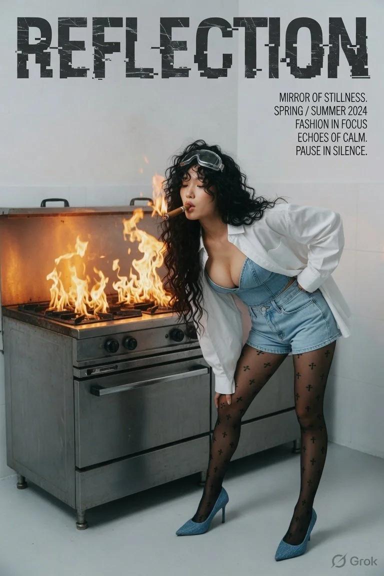 Cool-toned fashion editorial captures a pensive model in a laundromat