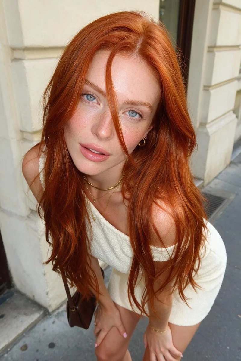 Copper-haired woman gazes upward in high-angle street portrait