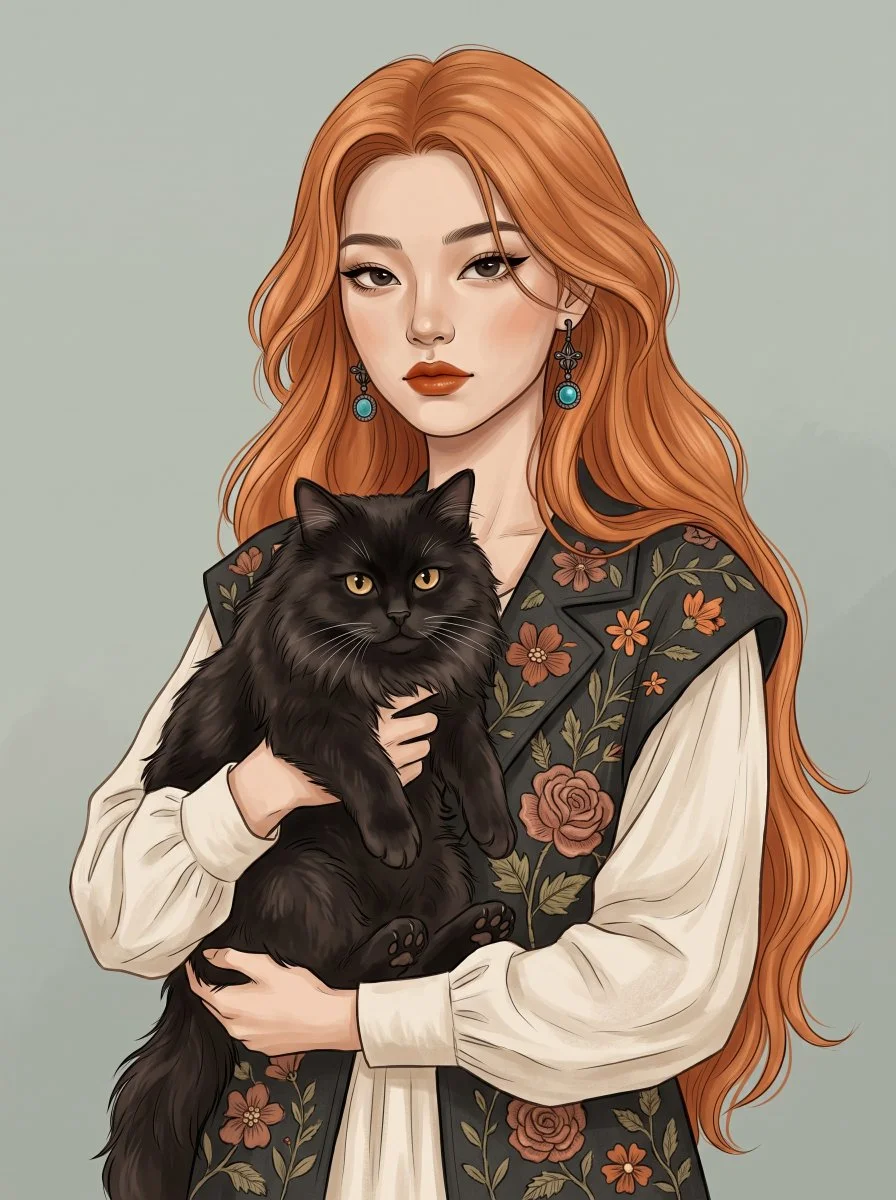 Copper-Haired Woman with Black Cat in Embroidered Charcoal Vest