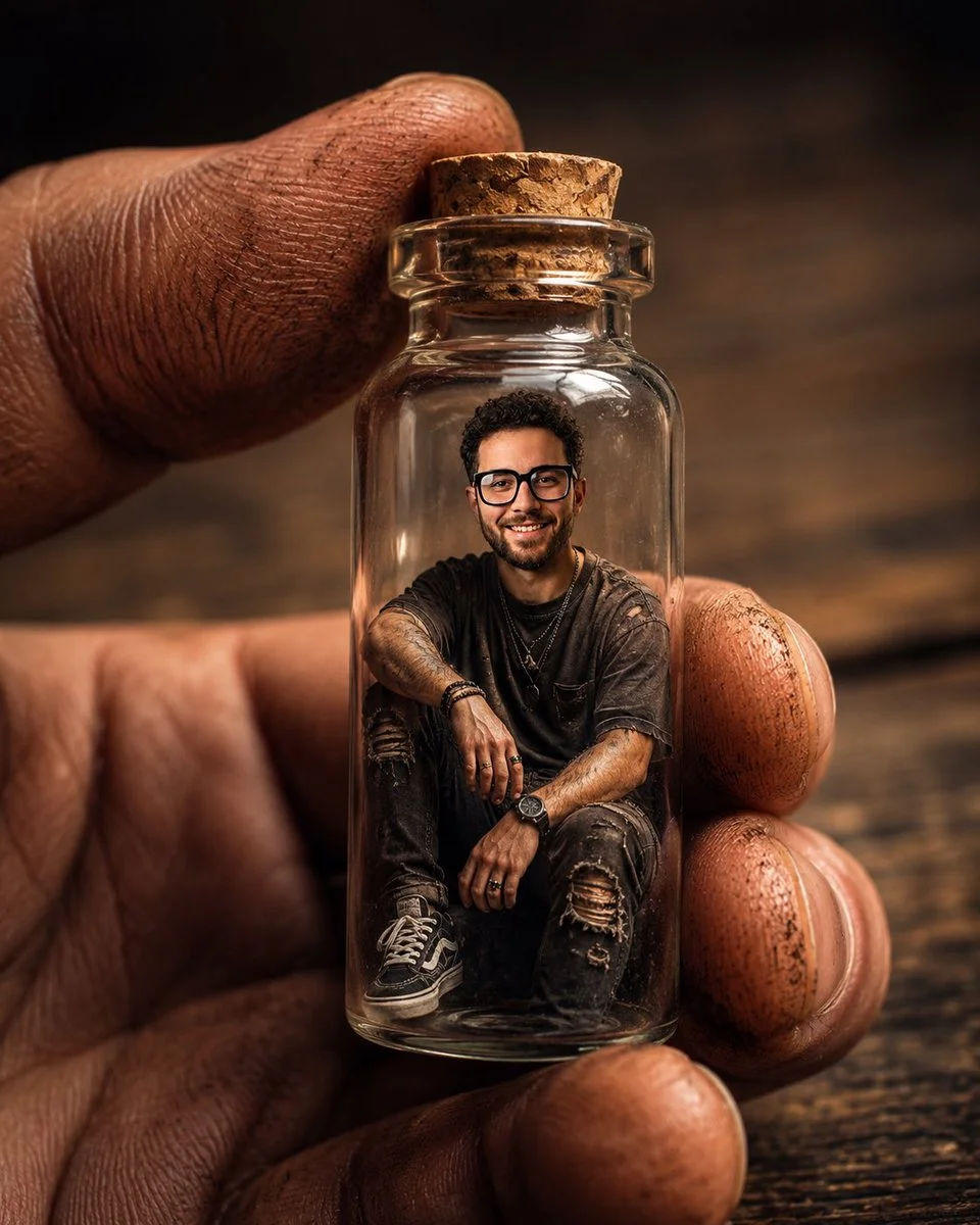 Corked bottle containing a tiny man in streetwear held by rough fingers