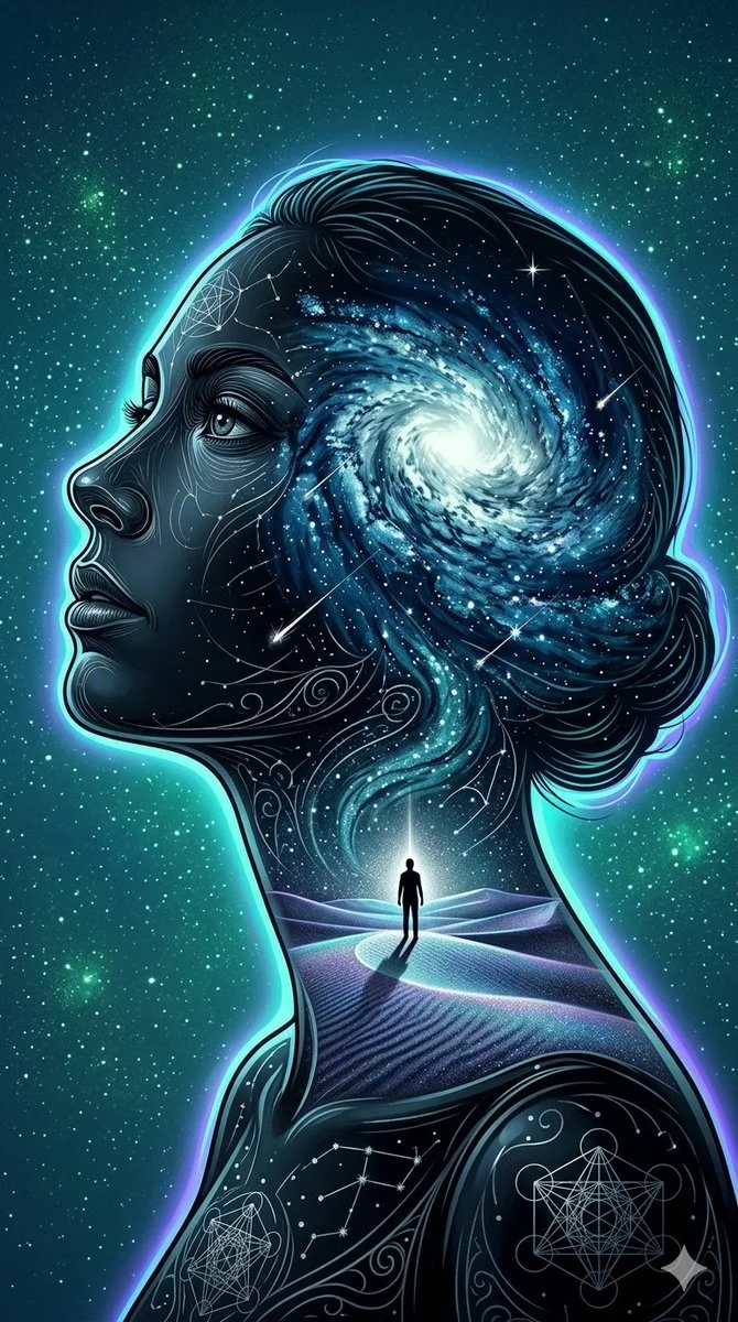 Cosmic Gateway: Woman’s Profile Reveals Galactic Spiral and Deserted Dunes