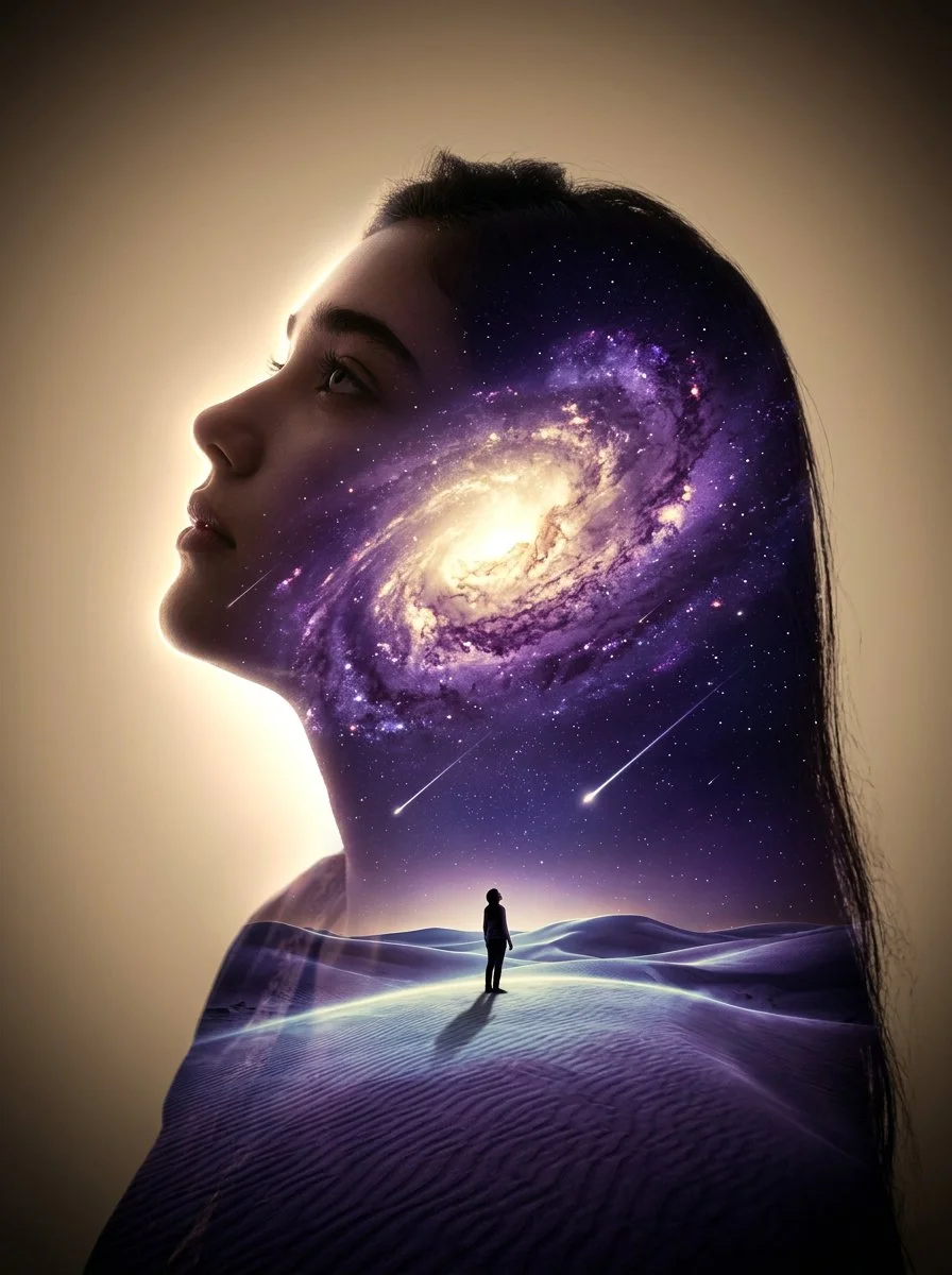 Cosmic Mindscape: Bioluminescent Desert Within a Woman's Silhouette