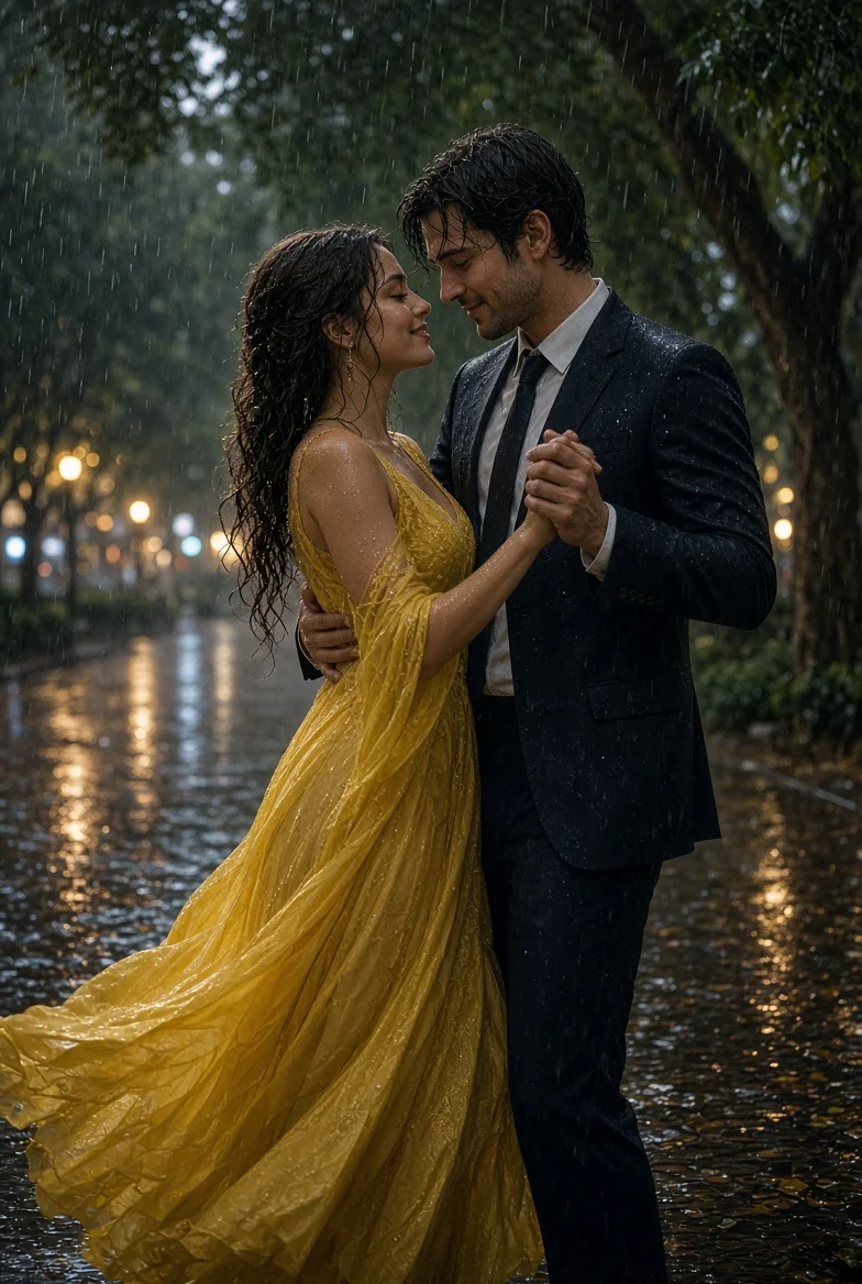 Couple Dances in Heavy Rain Under Glowing Streetlights at Dusk