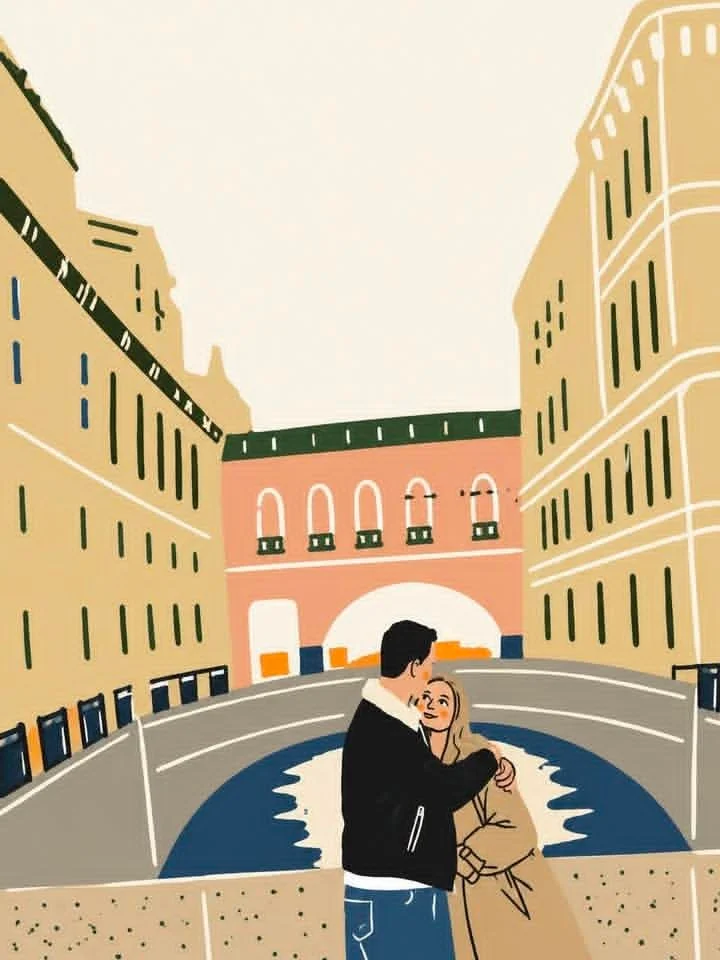 Couple embraces on a bridge as city lights sparkle at dusk