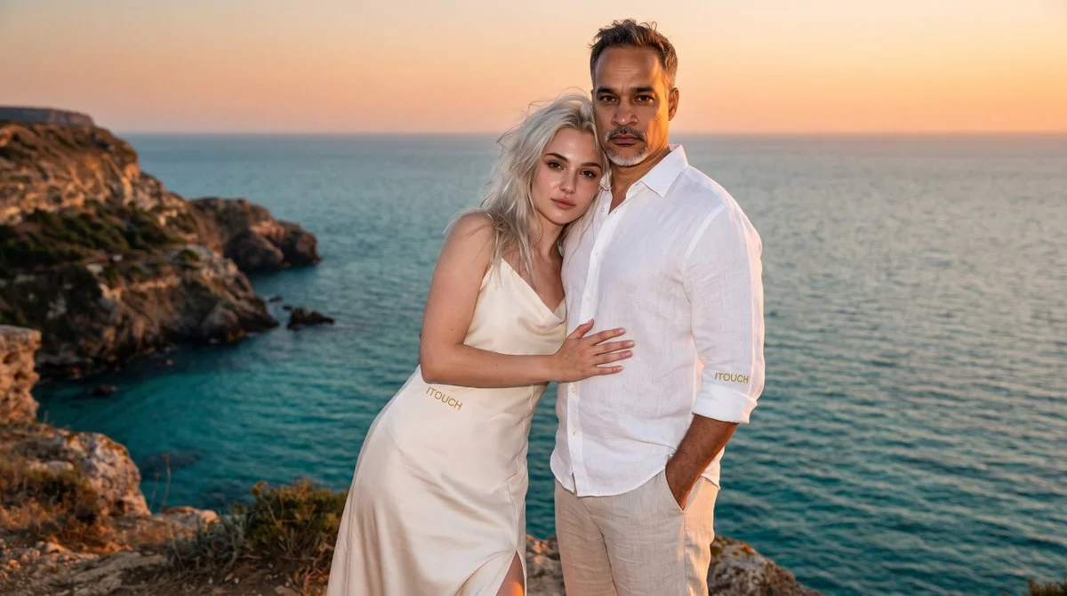 Couple embraces on cliff edge under glowing sunset sky