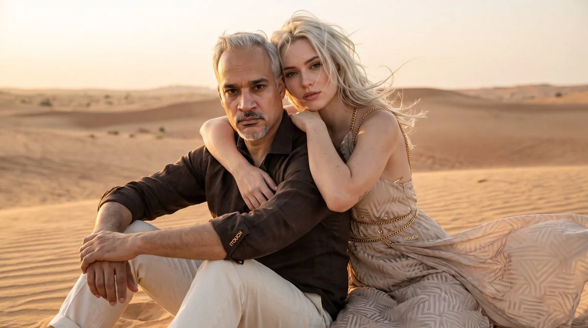 Couple embraces on desert dune at golden hour in cinematic style