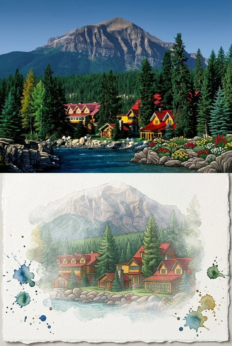 Couple embraces on mountain viewpoint above turquoise fjord in watercolor