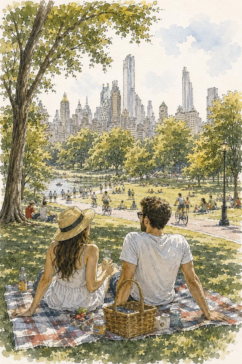 Couple enjoys sunny picnic in Central Park with skyline view