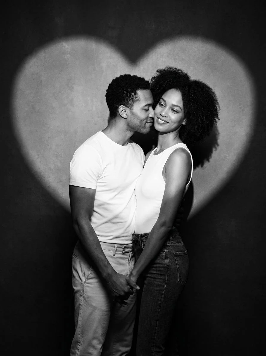 Couple in black-and-white studio portrait, man smells woman's neck