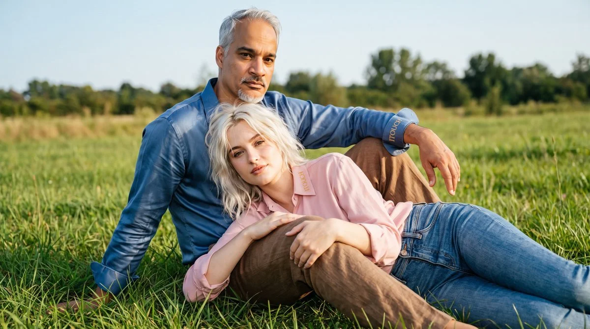 Couple reclines on grassy field in cinematic outdoor editorial