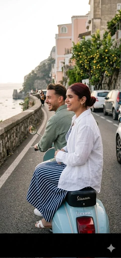 Couple rides vintage Vespa along sunny Amalfi Coast road