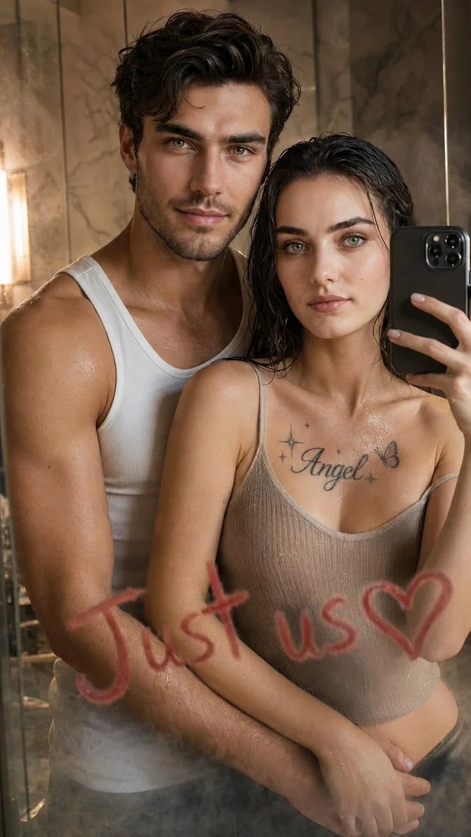 Couple shares an intimate mirror selfie in steamy bathroom