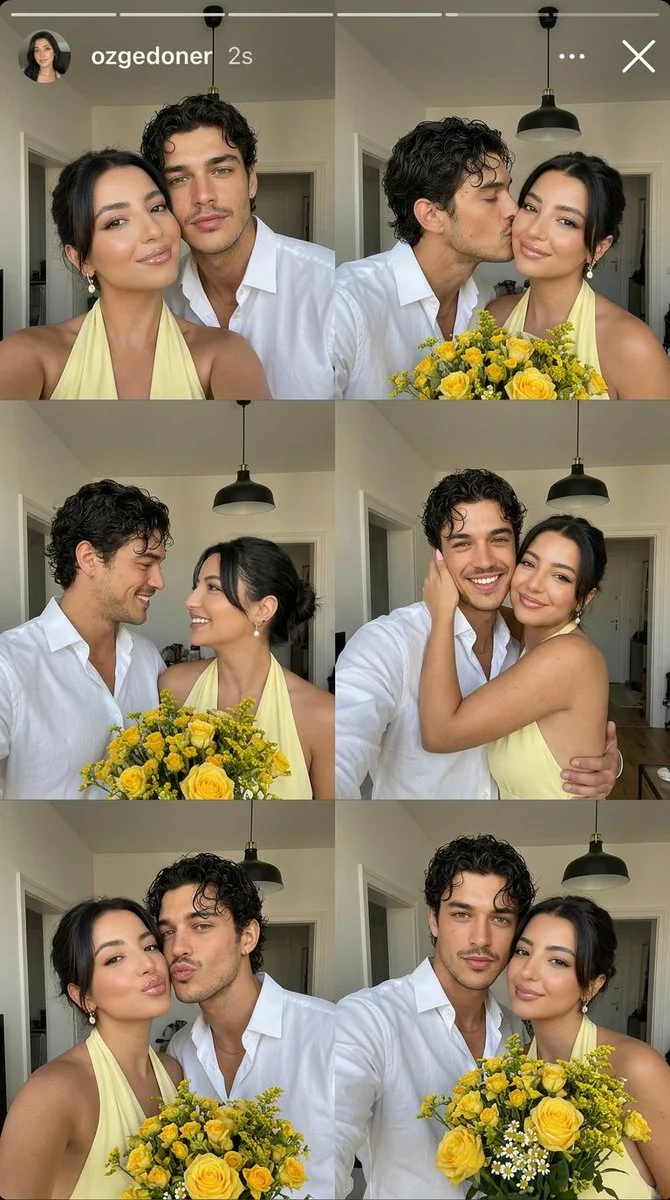 Couple shares six romantic selfies in cozy home setting