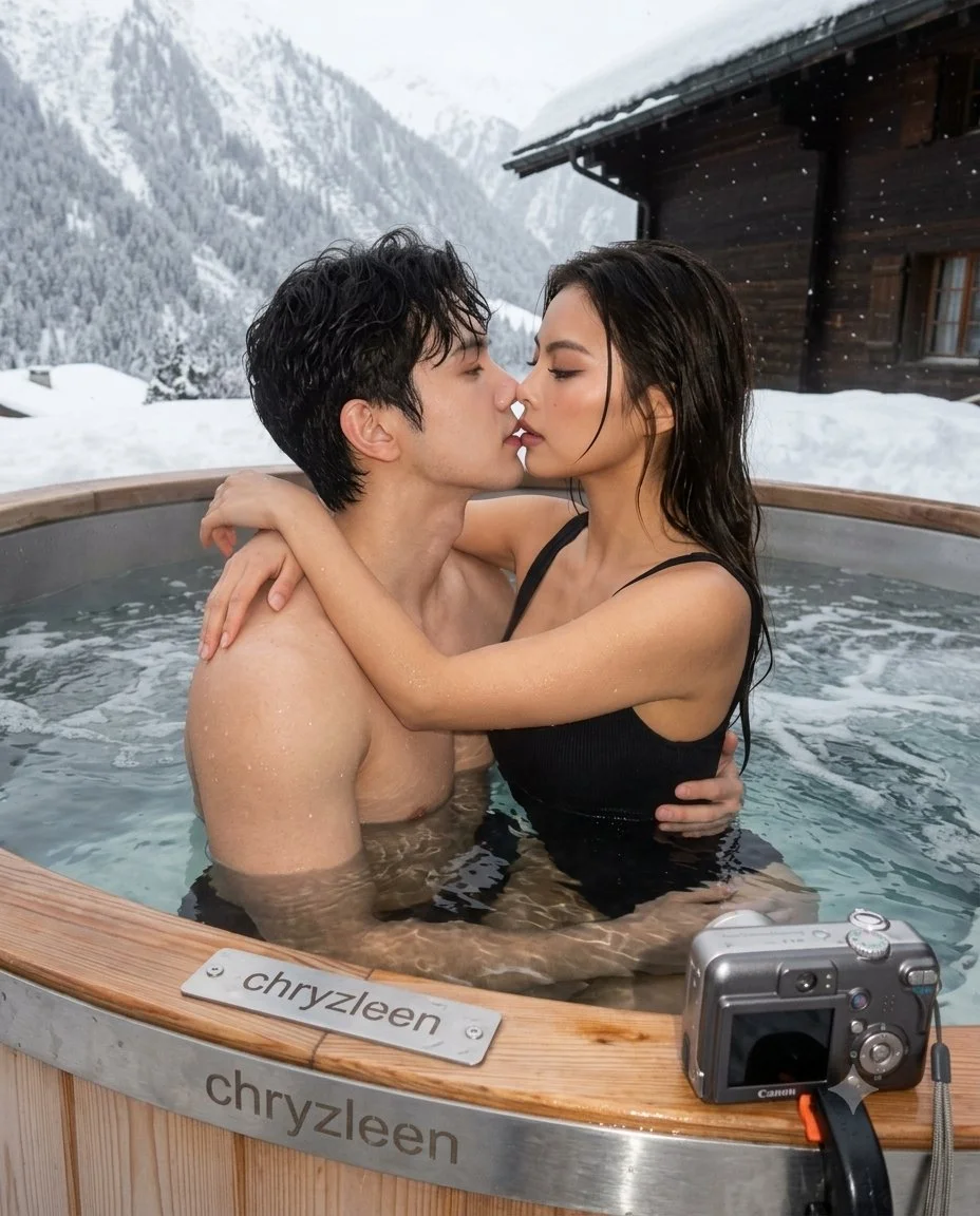 Couple shares tender kiss in snowy mountain hot tub