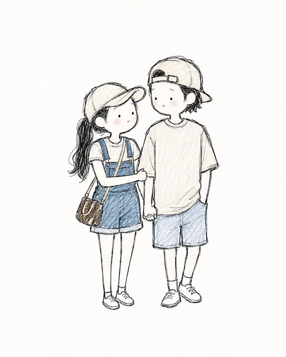 Couple strolls hand in hand in soft pastel sketchbook style