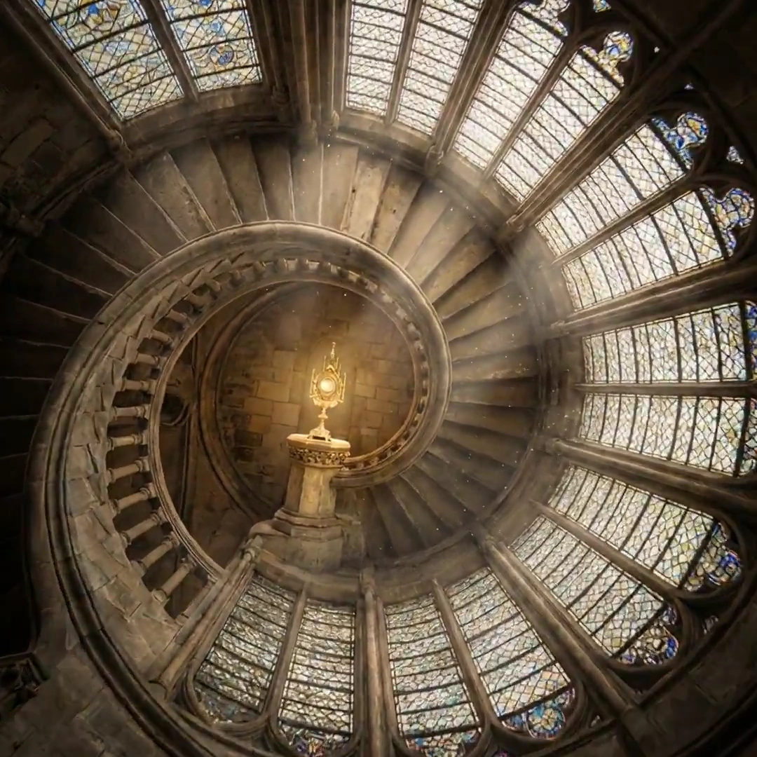 Fibonacci Spiral Cathedral with Glowing Artifact