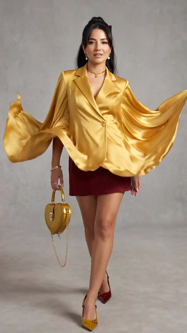 A model commands the studio in deep crimson luxury.