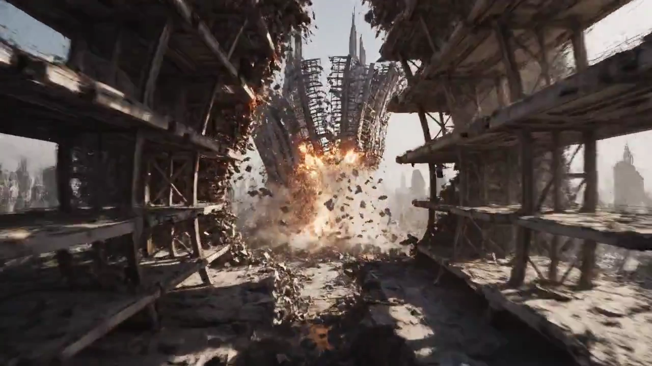 Slow-Motion Collapse of a Gigantic Skeletal Megastructure