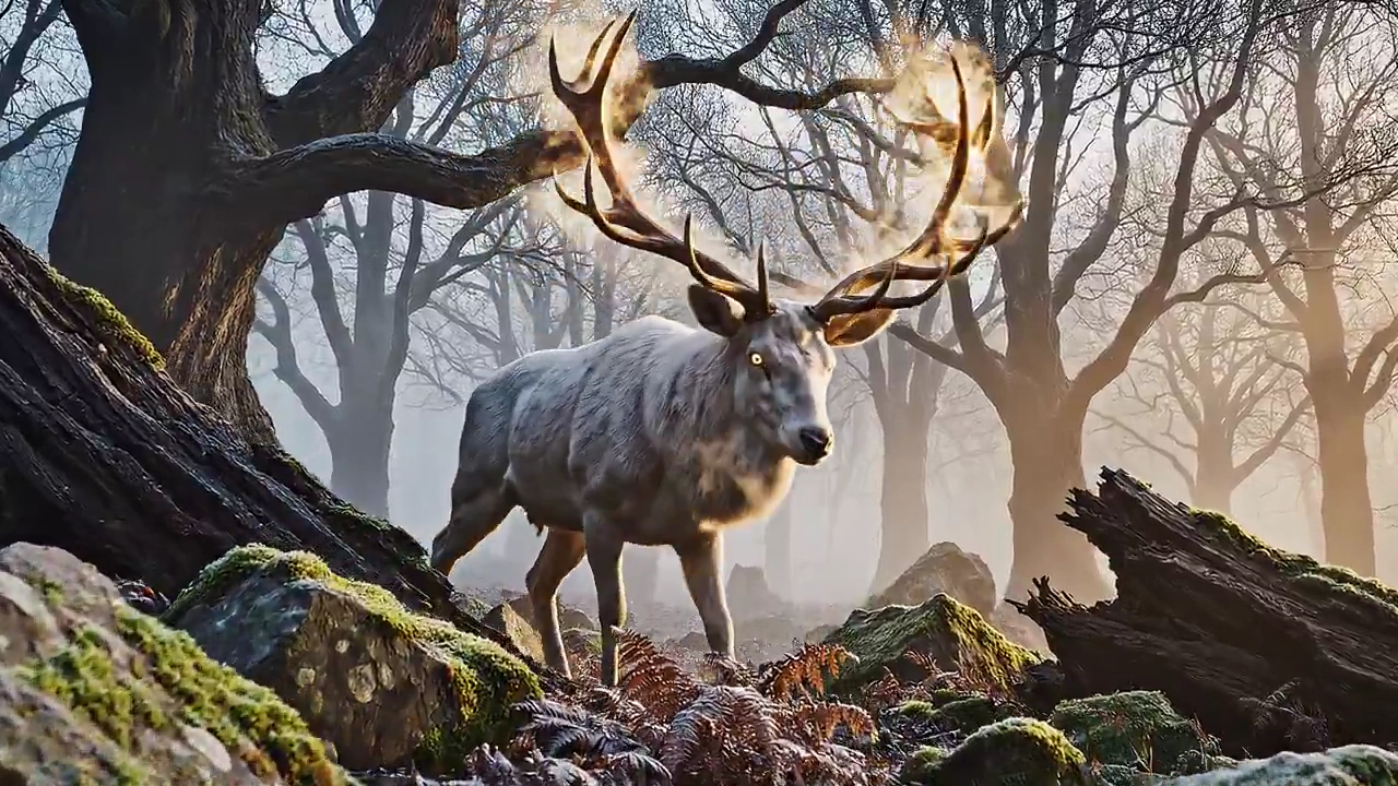 Mystical White Stag Emerges in Fog-Laden Forest