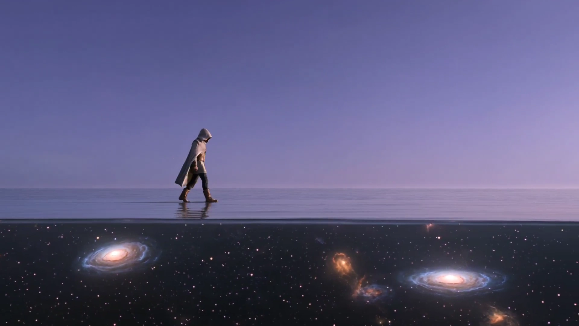 Traveler Over a Star-Filled Glass Ocean at Violet Twilight