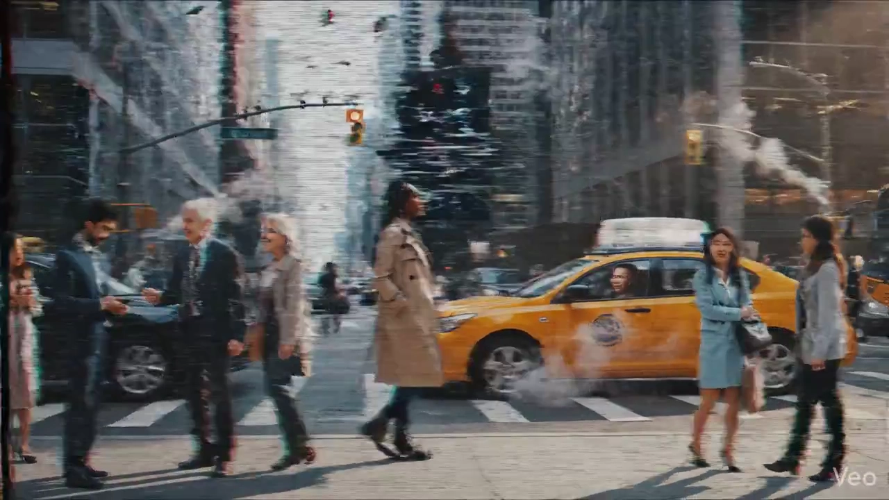 A lone walker threads through a city frozen in glitching time