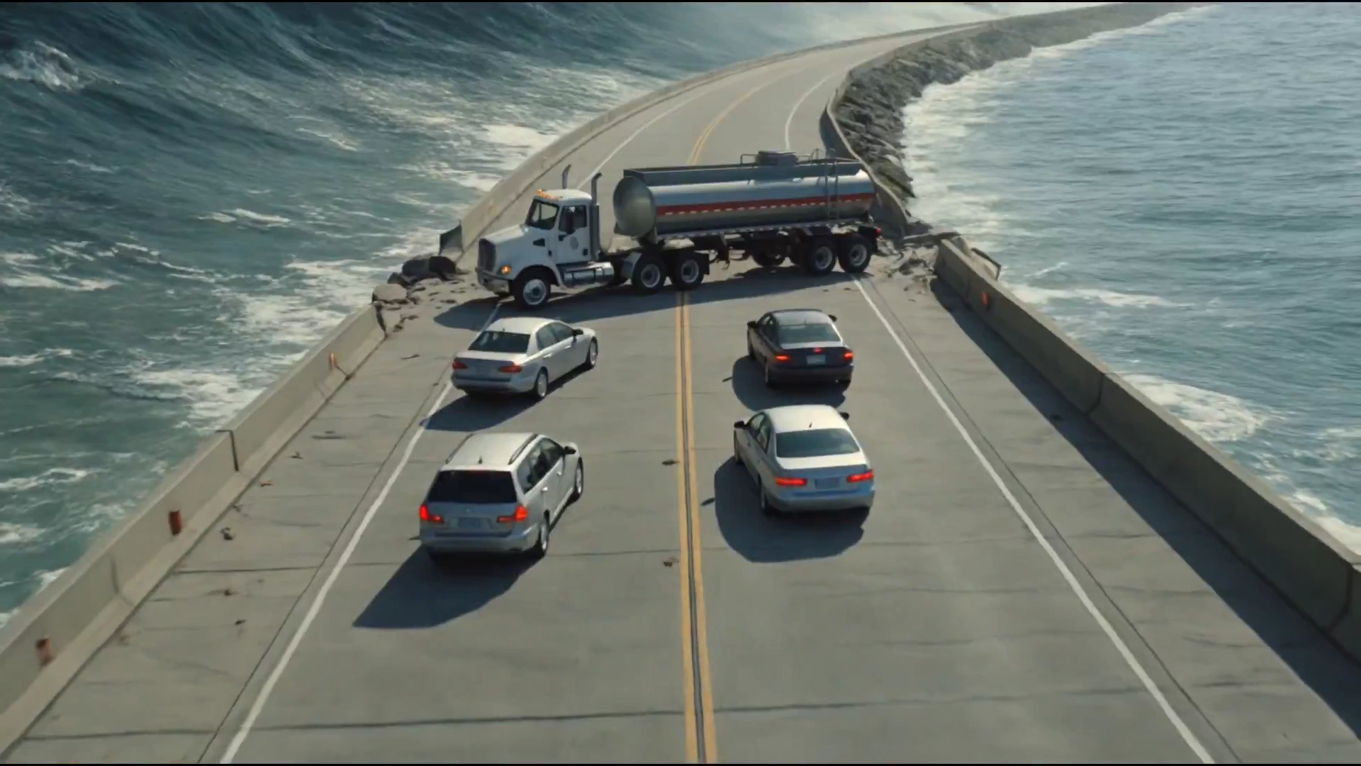 Highway Under Siege: Motorcycle vs. Ocean Surge